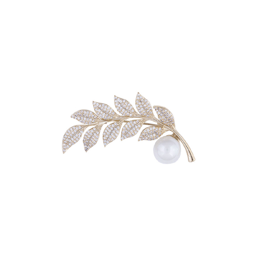 DISCONTINUED - 2.25" CZ AND GLASS PEARL LEAF PIN; GOLD PLATE